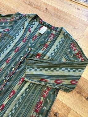 Vintage Roaman's 22W Cotton Ikat Southwestern Button Up Blouse Olive Green Boho